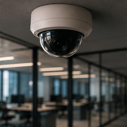 Cámara domo de vigilancia instalada en oficina moderna